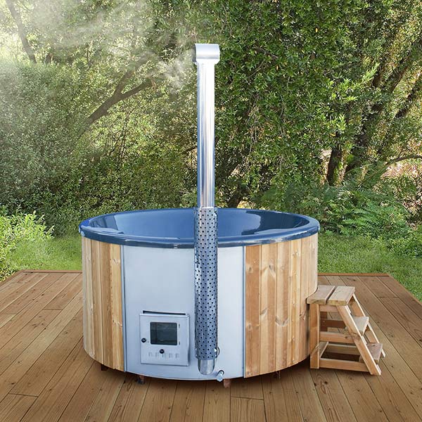 Wood-fired hot tub with external stove